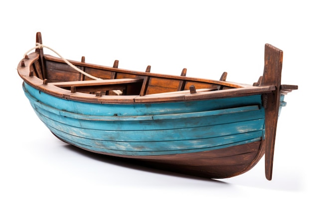 Wood Boat Isolated on White Background Wooden Fishing Vessel in Blue and Green Colours with Dark