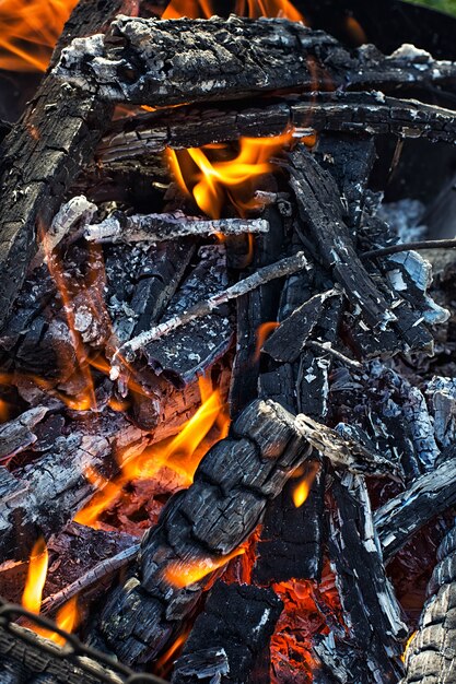 Wood in the brazier flames.Selective focus