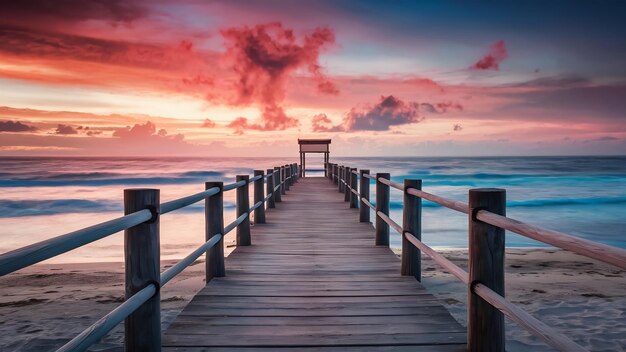 Wood bridge or pier on the beach and sea