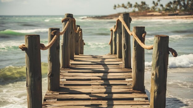 Wood bridge or pier on the beach and sea