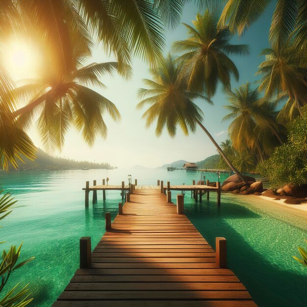 Wood bridge or pier on the beach and sea