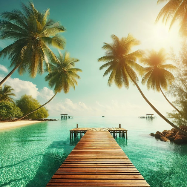 Wood bridge or pier on the beach and sea