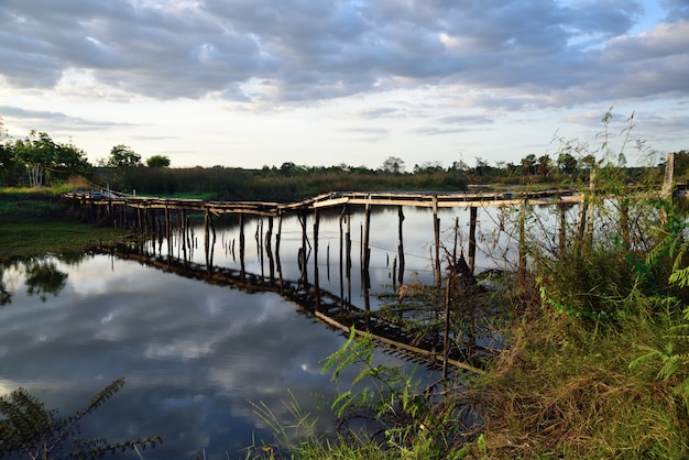 Wood bridge on river shadow