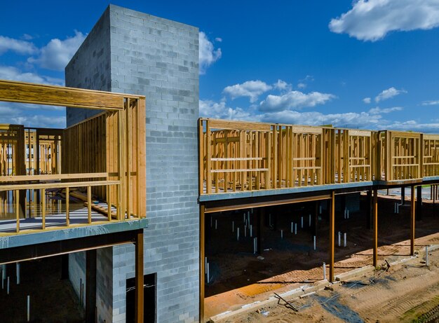 Wood building frame structure on a new development framing of a new house under construction