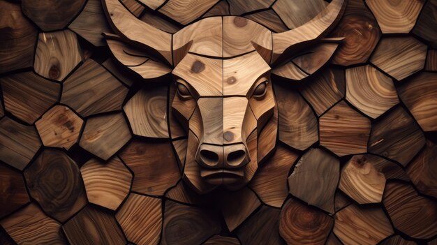 Wood bull Animal faces made of wood Wild brutal nature