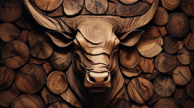 Wood bull Animal faces made of wood Wild brutal nature