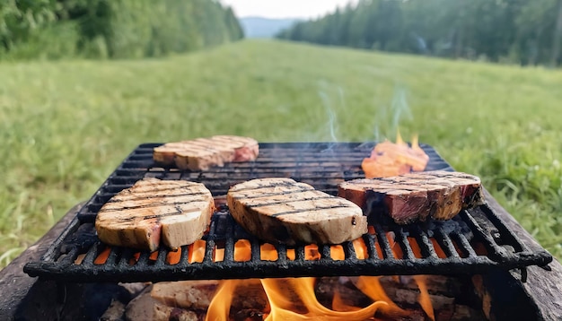 Wood burning in a grill in nature