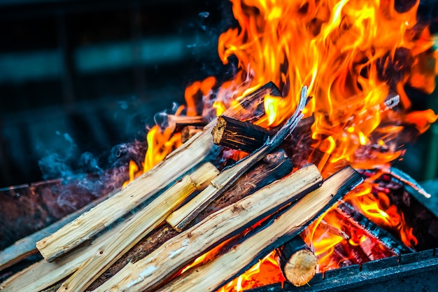 Wood burning in the grill