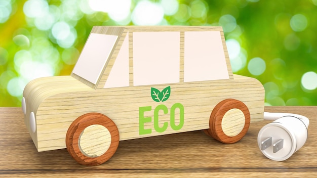 The wood car toy and electric plug for ev car concept 3d rendering