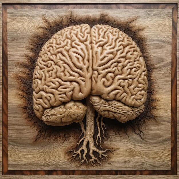 A wood carving of a brain with a tree roots