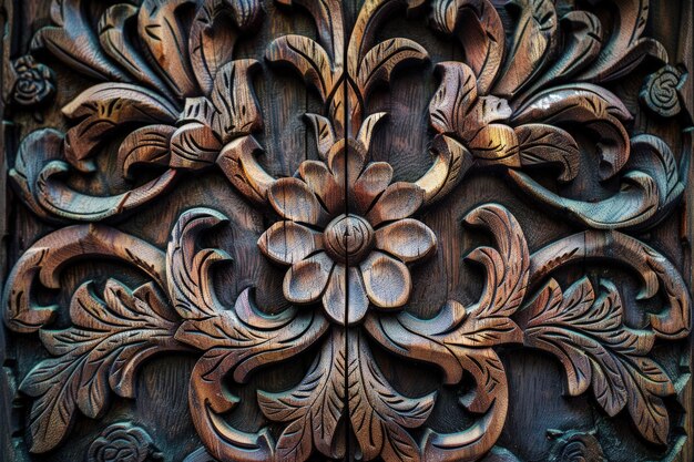 A wood carving of a flower and leaves