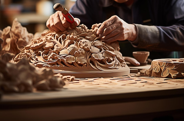 Foto maestro dell'intaglio del legno foto di un artigiano che crea un disegno floreale