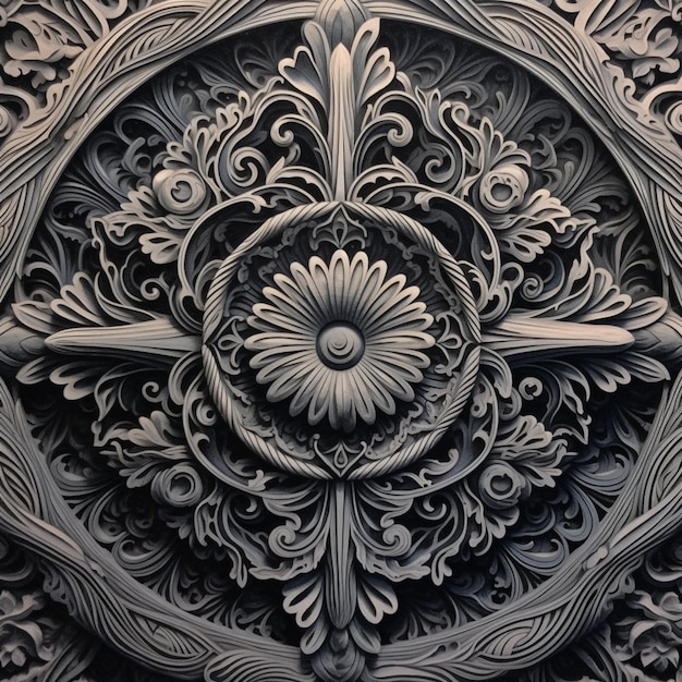 A wood carving with a flower in the center.