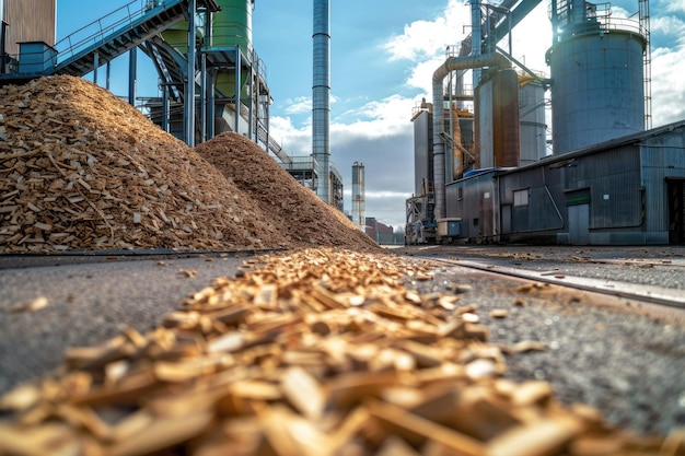 Foto parco di stoccaggio di schegge di legno per la cogenerazione di elettricità a partire da biocarburanti