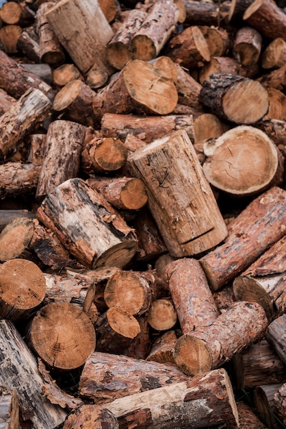 Wood. Close-up of plenty of logs laying on the ground