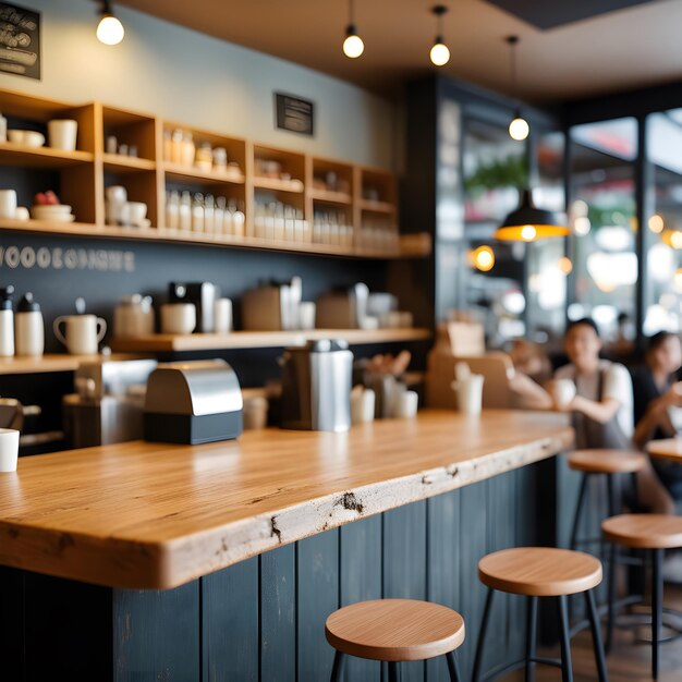 Foto bancone di legno su sfocatura di caffè ai generativo