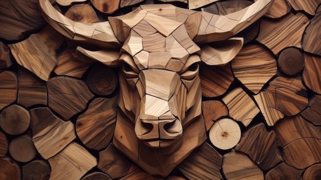 Wood cow Animal faces made of wood Wild brutal nature