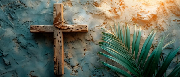 Wood cross and palm leaves over stone background for easter Catholicism symbol