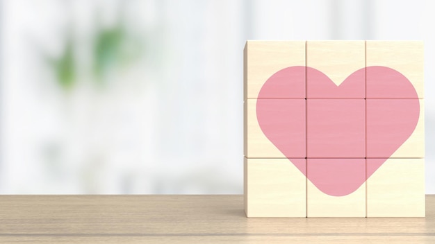 The wood cube and pink heart for valentine or love concept 3d