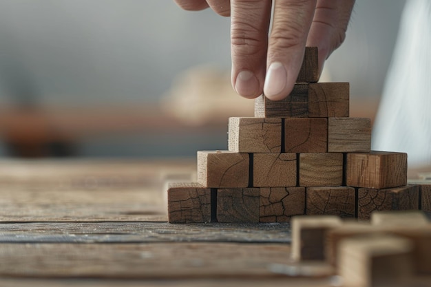 Wood cube stacking for business growth and management concept