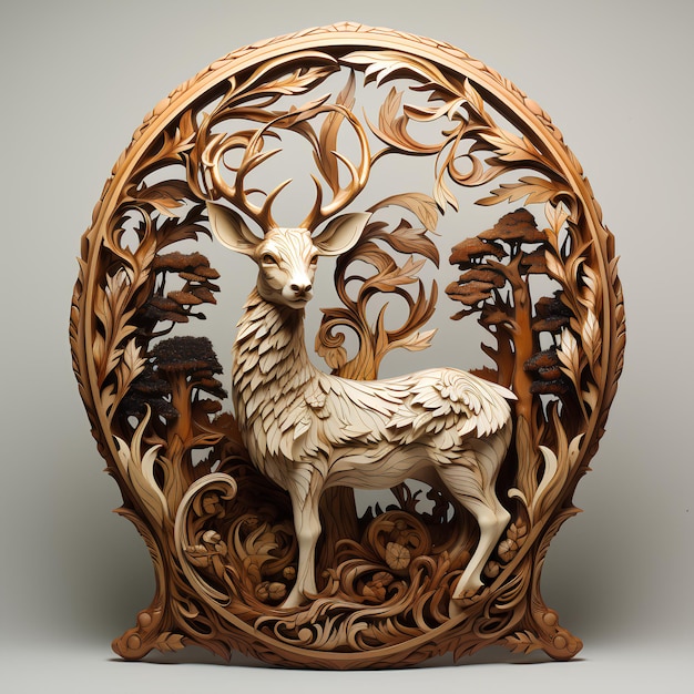 wood curved deer in wood with antlers illustration