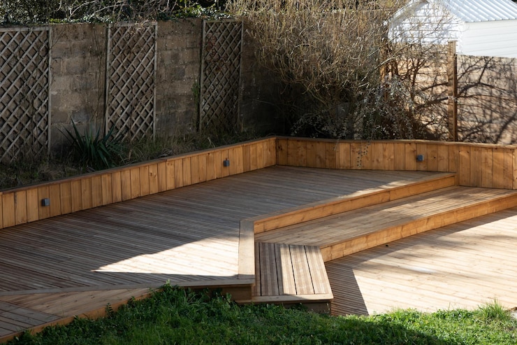 Wood deck modern house design with wooden patio hardwood decking terrace in the garden of the house