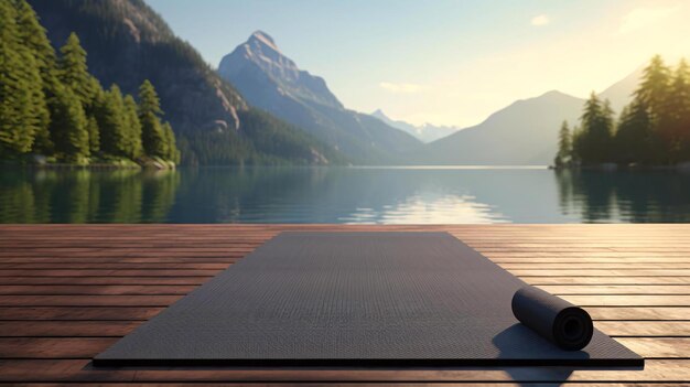 a wood deck with a lake and mountains in the background