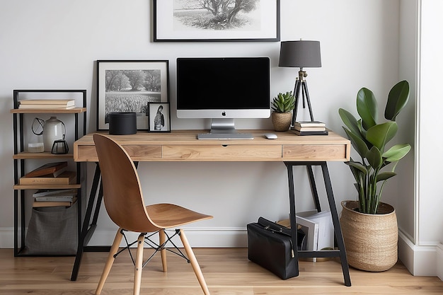 Wood desk with laptop and frames