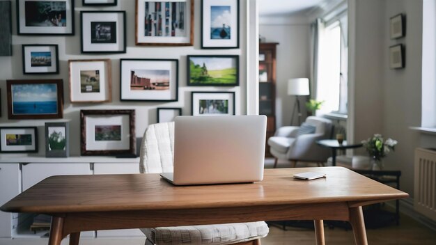 Wood desk with laptop and frames