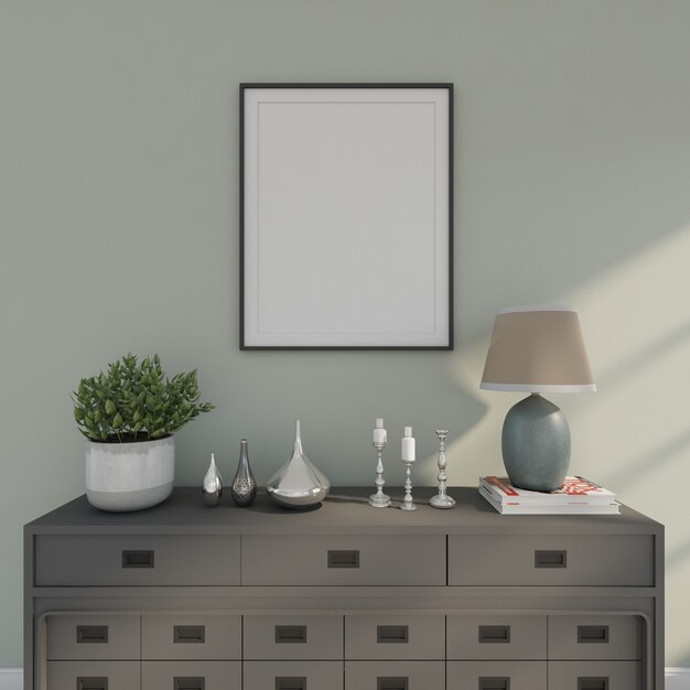 Photo wood desk  with picture frame and little tree. 3d rendering