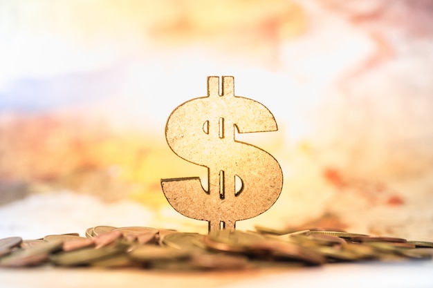 Wood dollar sign icon on pile of coins with world map as background.