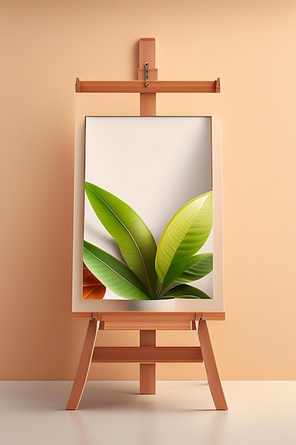 Wood easel stand with blank white canvas paper in sunlight leaf shadow on beige brown stucco wall f