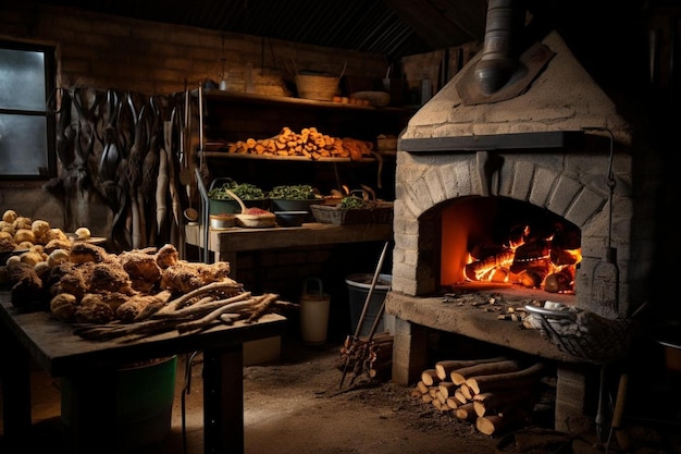 A wood fired oven with logs stacked nearby for fuel