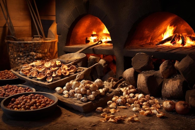 A wood fired oven with logs stacked neatly beside it