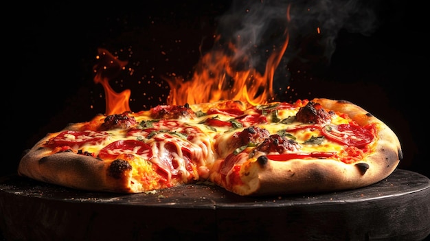 Wood fired pizza with salami pepper and cheese on a wooden board with smoke and flames Black backdrop Generative ai