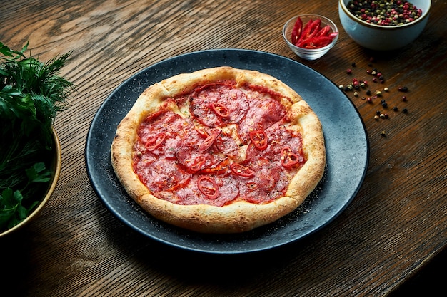 スパイシーなチョリソサラミとカリカリのサイドディッシュを添えた薪焼きピザを、木製のテーブルの黒いプレートに盛り付けました。ピゼットイタリアンピザの一種