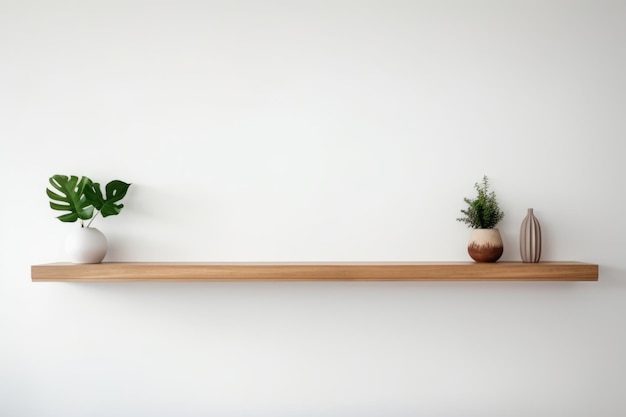 Wood floating shelf with plants and vases on white wall Interior design of modern living room Generative AI illustration