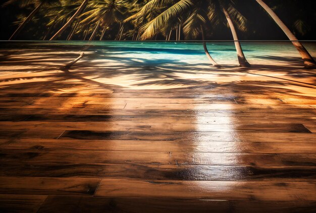 Wood floor on beach with palm trees