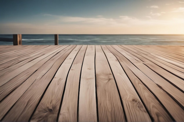 Wood floor deck on blurred beach background