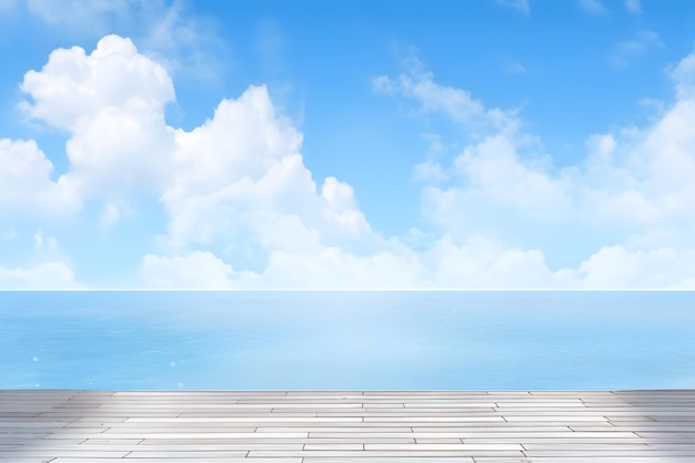 Wood floor with blur blue sky Summer sea background