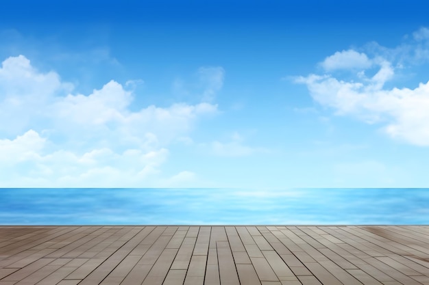 Wood floor with blur blue sky Summer sea background