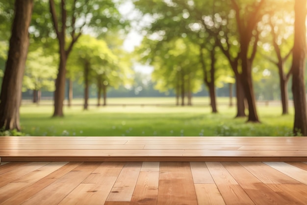 Wood floor with blurred trees of nature park background and summer season product display montage