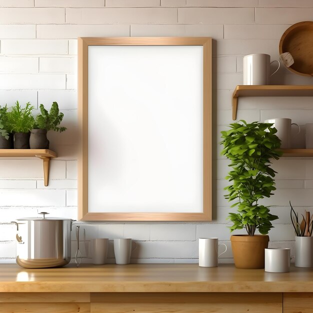 A wood frame on a counter with potted plants and a potted plant on it