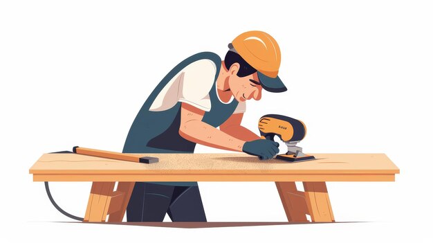 Photo wood furniture is sanded with a wooden tool woodworking machine and orbital sander the wooden table is refinished polished and buff white background with flat modern illustration