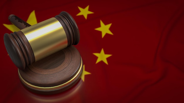 The wood hammer on Chinese flag for law concept 3d rendering