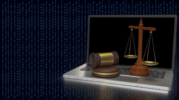 the wood hammer and libra for digital law concept 3d rendering