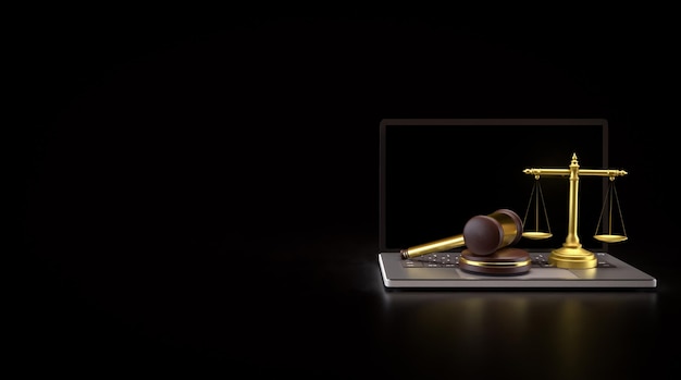Деревянный молоток и Весы на лабораторном столе для 3D-рендеринга концепции закона