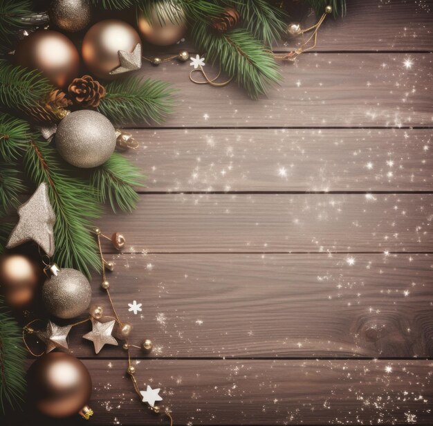 wood holiday card with christmas decorations over a wooden background