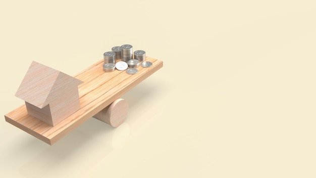 The wood home balance money coins for property or business concept 3d rendering