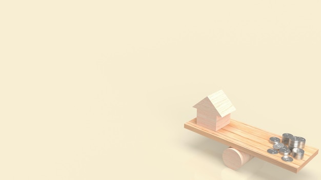 The wood home balance money coins for property or business concept 3d rendering